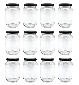 Mkd2 Rise Transparent Glass Jar And Container 500 Gm Set of 12 With Airtight Black Lid For Kitchen Storage