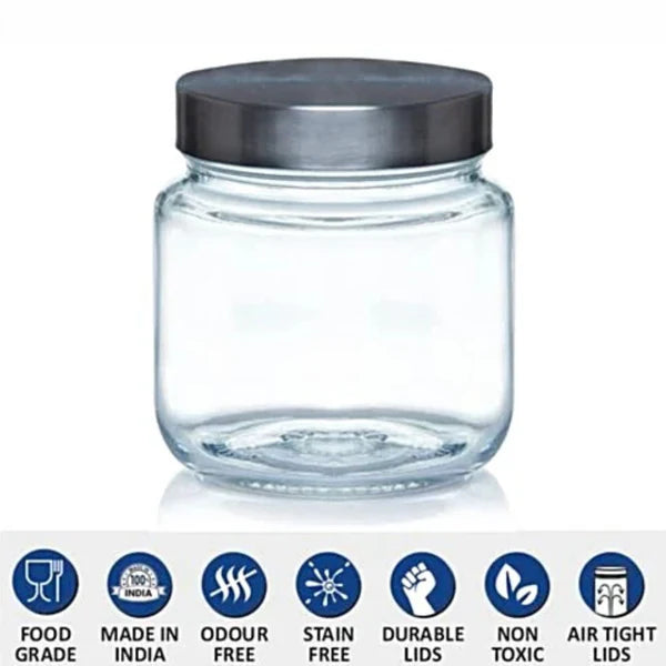 500 ML Storage Round Jar with Steel Cap | Transparent | Set of 2 Pc