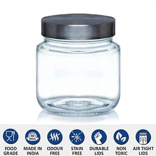 500 ML Storage Round Jar with Steel Cap | Transparent | Set of 2 Pc