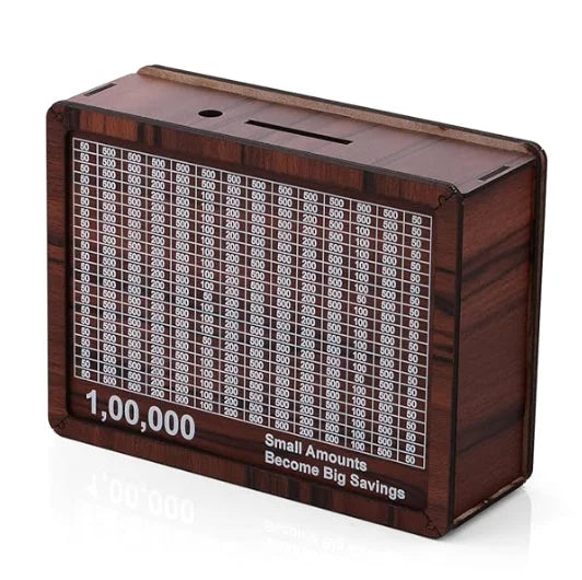 Wooden Money Box with Savings Tracker, 1 Lakh Goal Piggy Bank