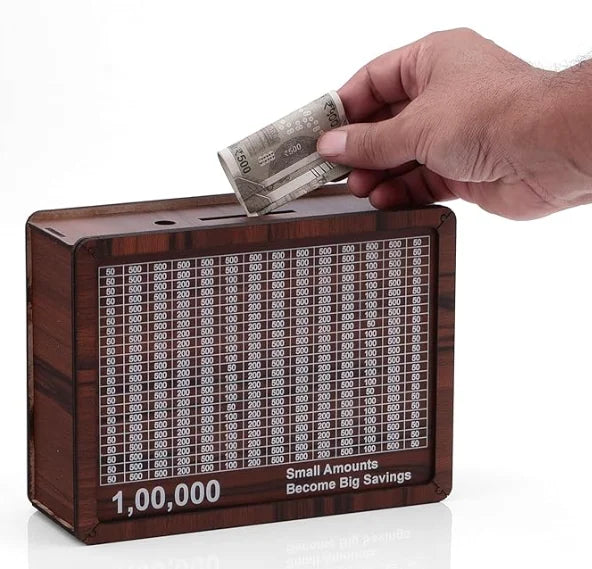 Wooden Money Box with Savings Tracker, 1 Lakh Goal Piggy Bank